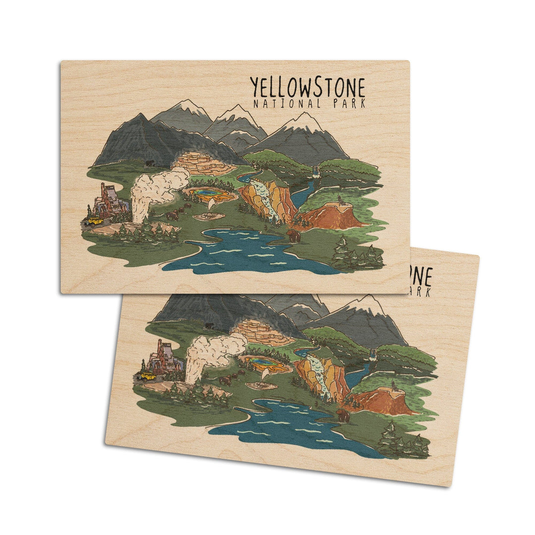 Yellowstone National Park, Line Drawing, Lantern Press Artwork, Wood Signs and Postcards Wood Lantern Press 4x6 Wood Postcard Set 