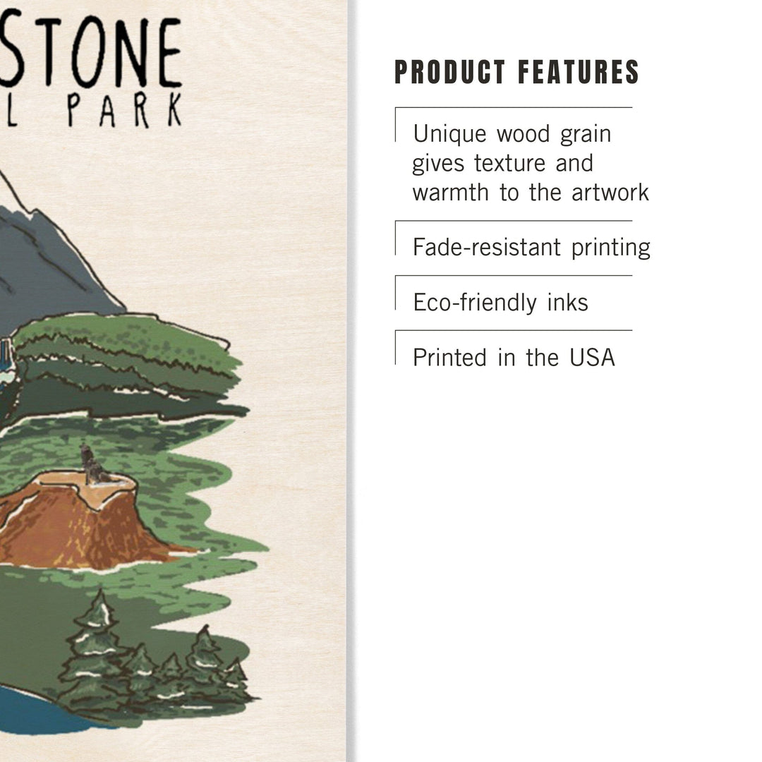 Yellowstone National Park, Line Drawing, Lantern Press Artwork, Wood Signs and Postcards Wood Lantern Press 