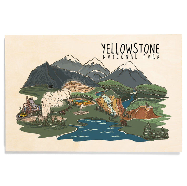 Yellowstone National Park, Line Drawing, Lantern Press Artwork, Wood Signs and Postcards Wood Lantern Press 