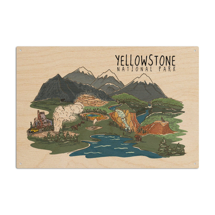 Yellowstone National Park, Line Drawing, Lantern Press Artwork, Wood Signs and Postcards Wood Lantern Press 6x9 Wood Sign 