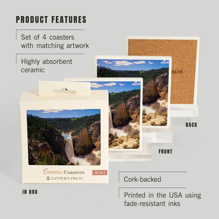 Yellowstone National Park, Lower Yellowstone Falls Aerial, Coasters Coasters Lantern Press 
