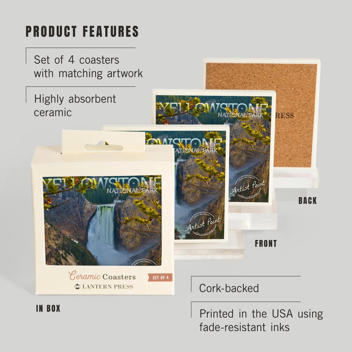 Yellowstone National Park, Lower Yellowstone Falls, Lantern Press Photography, Coaster Set Coasters Lantern Press 