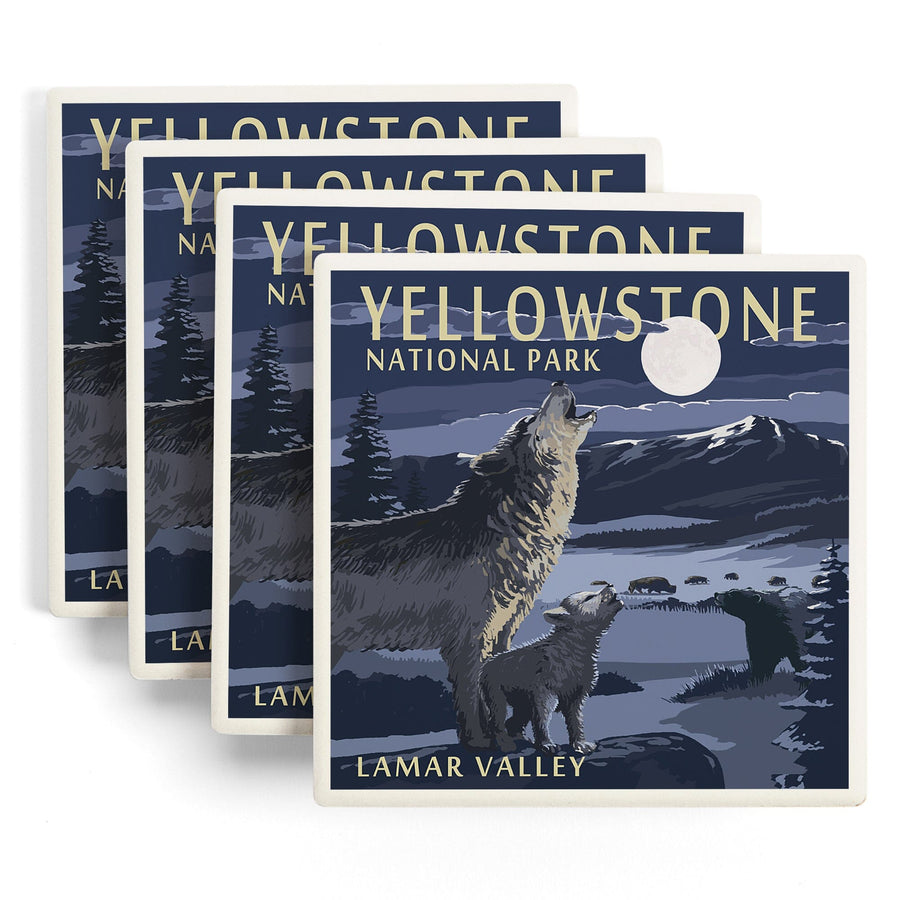 Yellowstone National Park, Montana, Lamar Valley Scene, Lantern Press Artwork, Coaster Set Coasters Lantern Press 