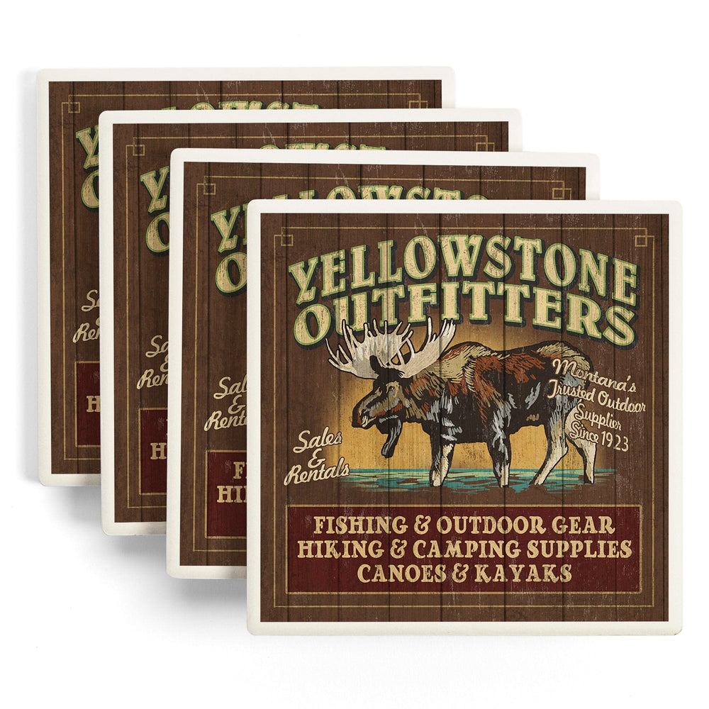 Yellowstone National Park, Montana, Moose Outfitters Vintage Sign, Coasters Coasters Lantern Press 