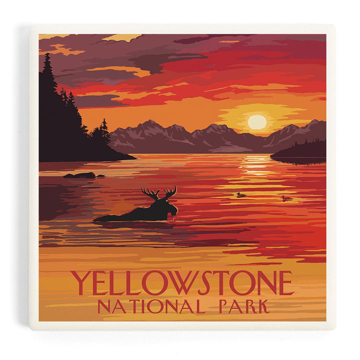 Yellowstone National Park, Montana, Painterly, Moose at Sunset, Coasters Coasters Lantern Press Coaster 