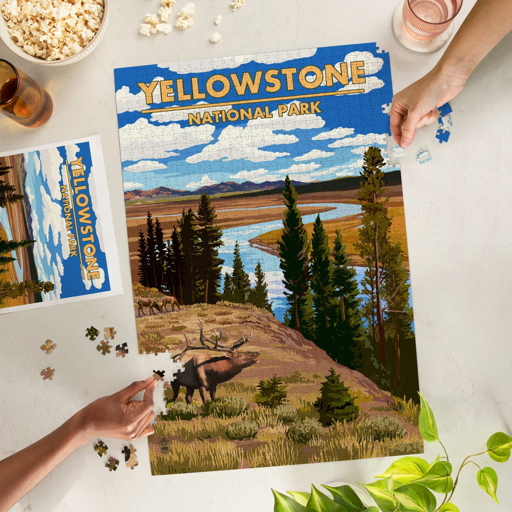 Yellowstone National Park, Montana, Yellowstone River and Elk, Jigsaw Puzzle Puzzle Lantern Press 