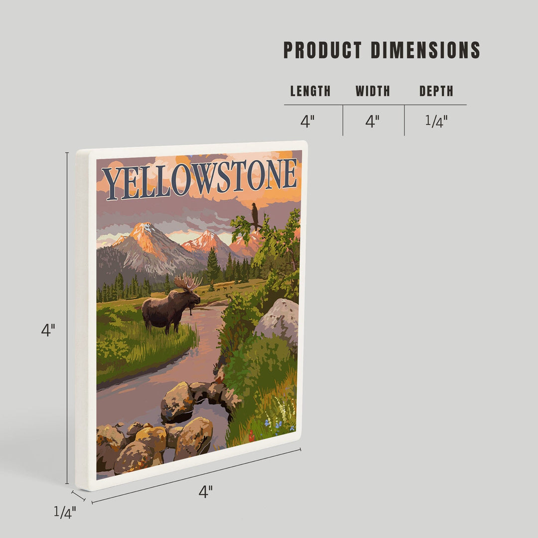 Yellowstone National Park, Moose and Mountain Stream at Sunset, Coasters Coasters Lantern Press 