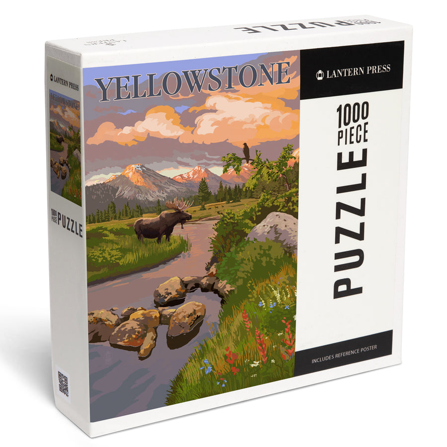 Yellowstone National Park, Moose and Mountain Stream at Sunset, Jigsaw Puzzle Puzzle Lantern Press 