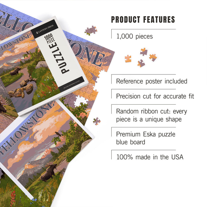 Yellowstone National Park, Moose and Mountain Stream at Sunset, Jigsaw Puzzle Puzzle Lantern Press 