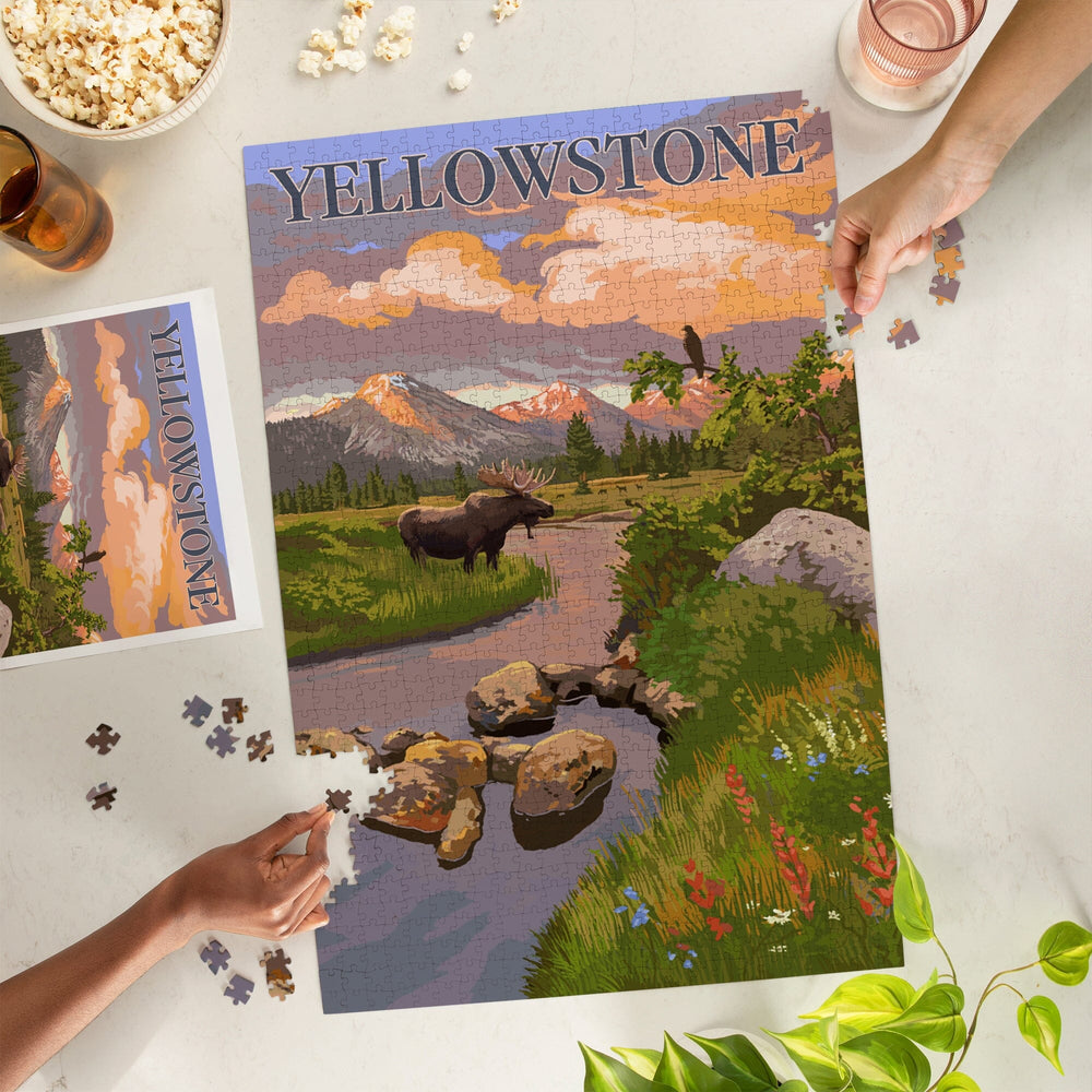 Yellowstone National Park, Moose and Mountain Stream at Sunset, Jigsaw Puzzle Puzzle Lantern Press 
