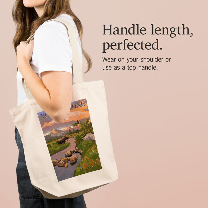 Yellowstone National Park, Moose and Mountain Stream at Sunset, Tote Bag Totes Lantern Press 