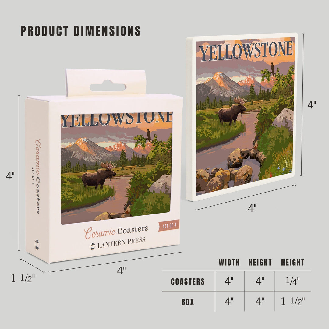 Yellowstone National Park, Moose & Mountain Stream at Sunset, Lantern Press Artwork, Coaster Set Coasters Lantern Press 