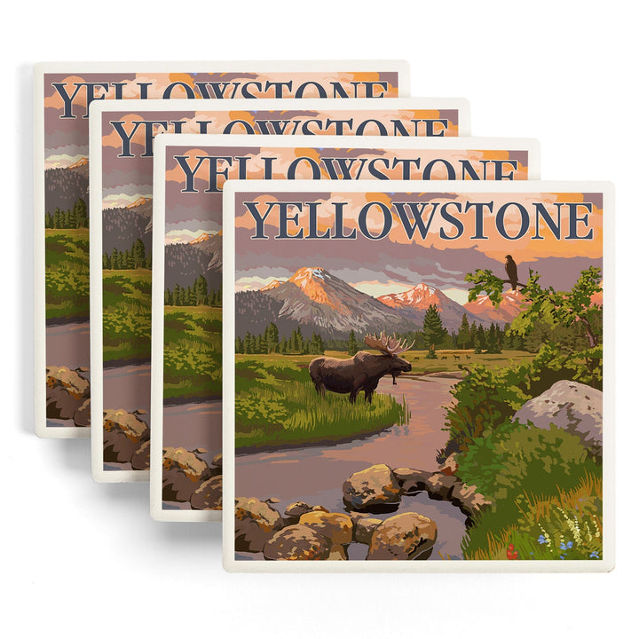 Yellowstone National Park, Moose & Mountain Stream at Sunset, Lantern Press Artwork, Coaster Set Coasters Lantern Press 