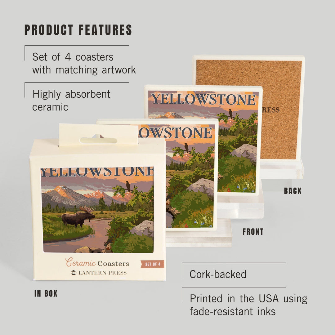 Yellowstone National Park, Moose & Mountain Stream at Sunset, Lantern Press Artwork, Coaster Set Coasters Lantern Press 