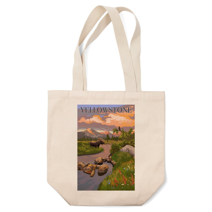 Yellowstone National Park, Moose & Mountain Stream at Sunset, Lantern Press Artwork, Tote Bag Totes Lantern Press 