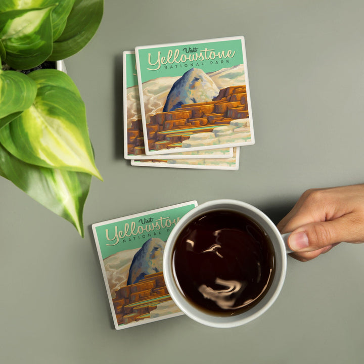 Yellowstone National Park, Oil Painting, Mammoth Geyser, Coasters Coasters Lantern Press 