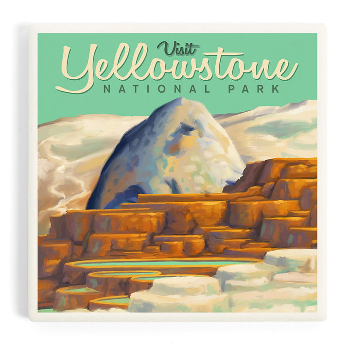 Yellowstone National Park, Oil Painting, Mammoth Geyser, Coasters Coasters Lantern Press 
