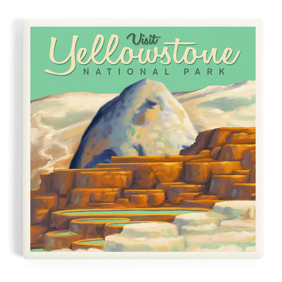 Yellowstone National Park, Oil Painting, Mammoth Geyser, Coasters Coasters Lantern Press 