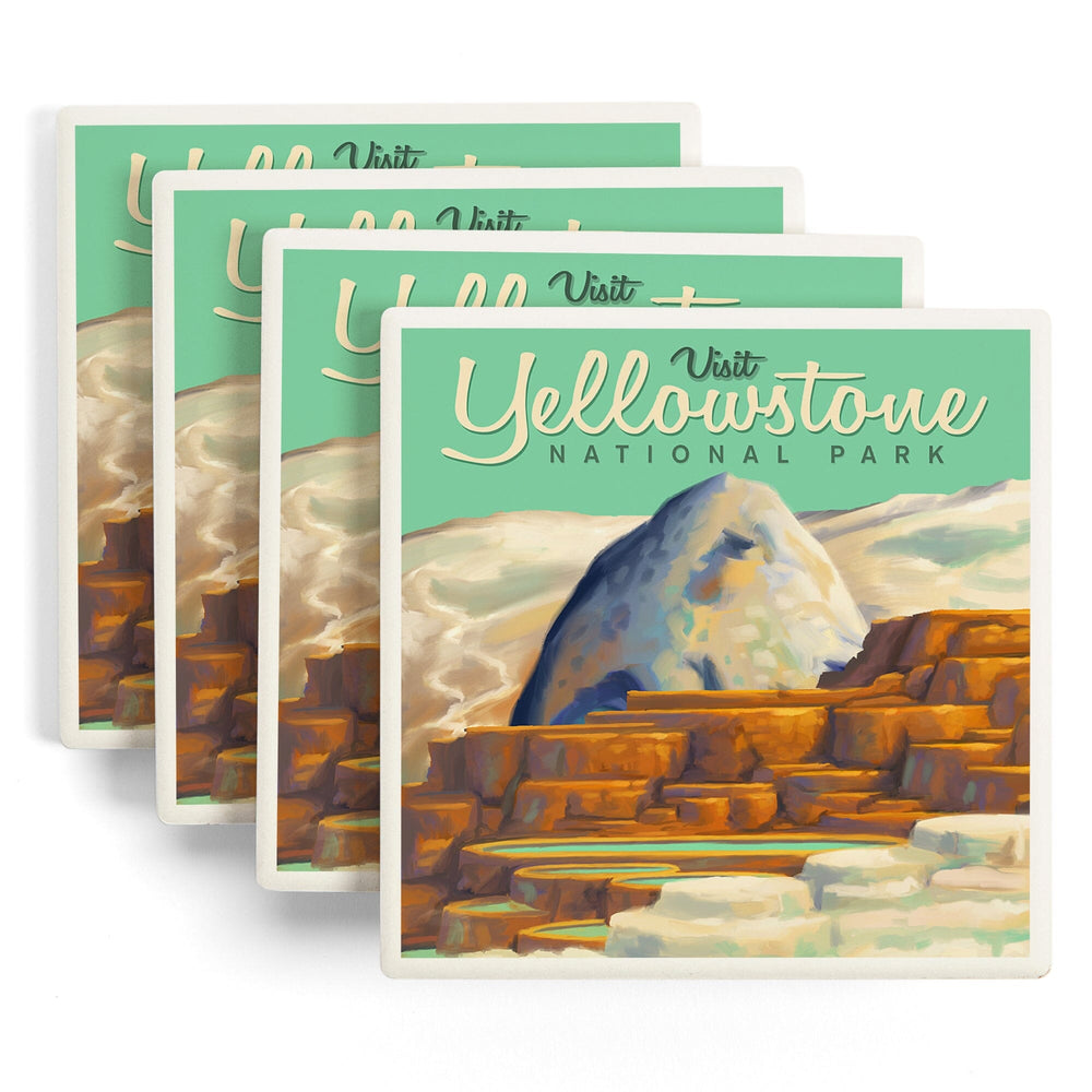 Yellowstone National Park, Oil Painting, Mammoth Geyser, Coasters Coasters Lantern Press 