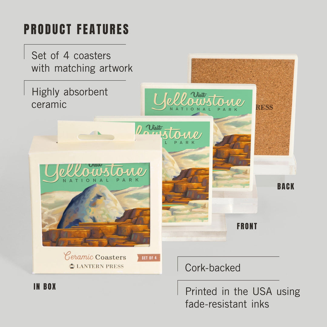Yellowstone National Park, Oil Painting, Mammoth Geyser, Coasters Coasters Lantern Press 