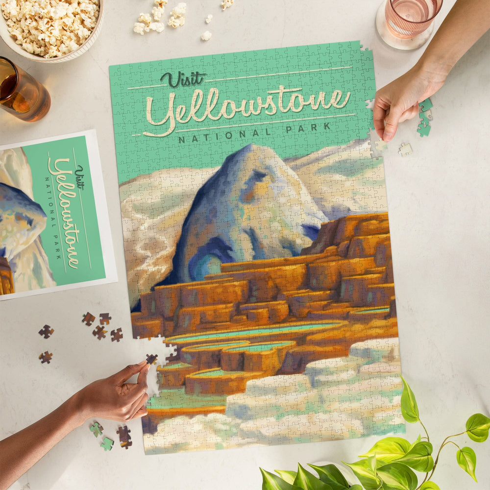 Yellowstone National Park, Oil Painting, Mammoth Geyser, Jigsaw Puzzle Puzzle Lantern Press 