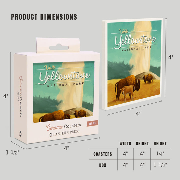 Yellowstone National Park, Oil Painting, Old Faithful and Bison, Coasters Coasters Lantern Press 
