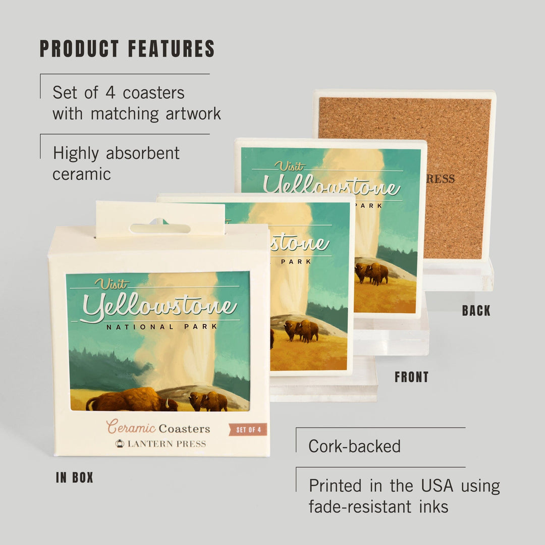 Yellowstone National Park, Oil Painting, Old Faithful and Bison, Coasters Coasters Lantern Press 