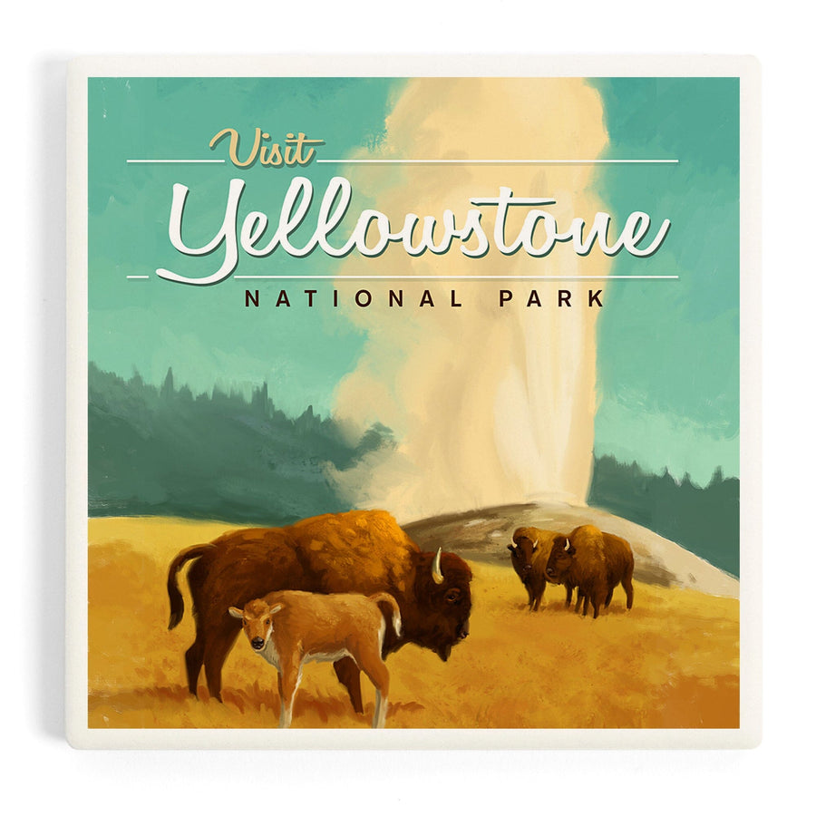 Yellowstone National Park, Oil Painting, Old Faithful and Bison, Coasters Coasters Lantern Press 