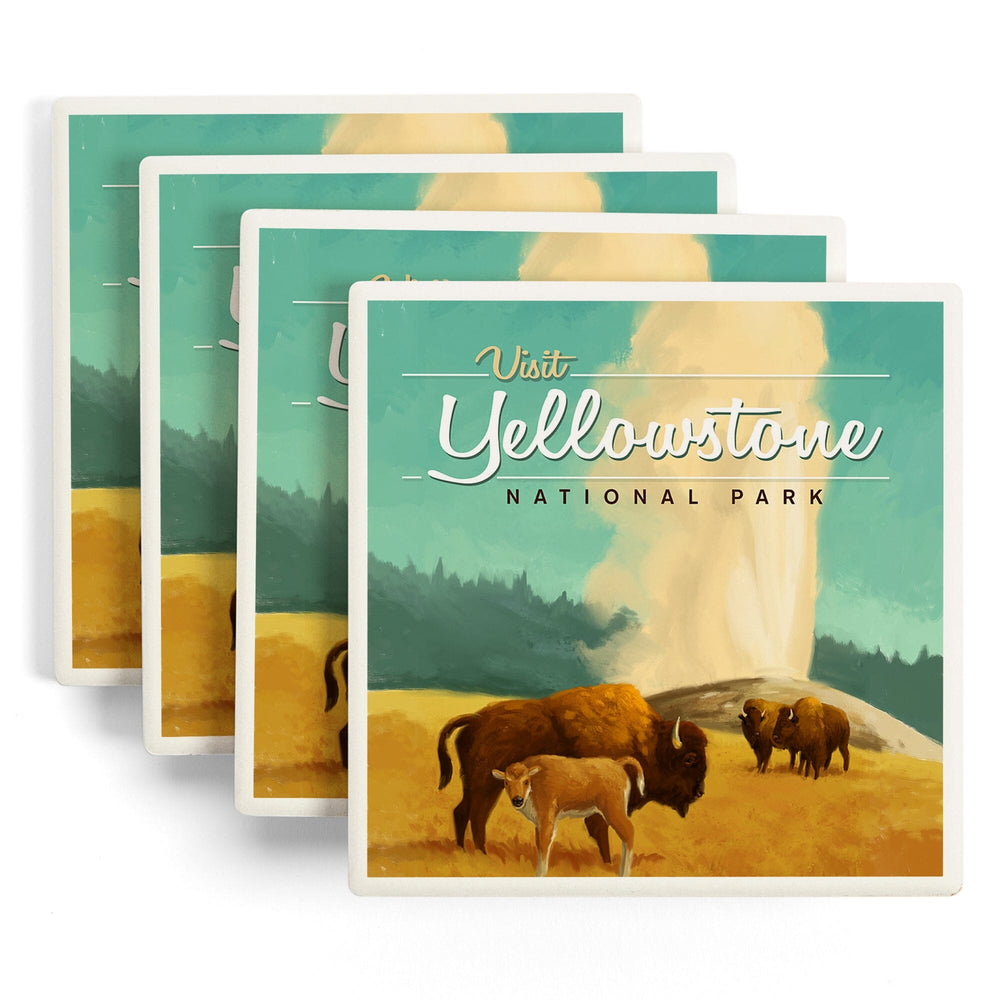 Yellowstone National Park, Oil Painting, Old Faithful and Bison, Coasters Coasters Lantern Press 