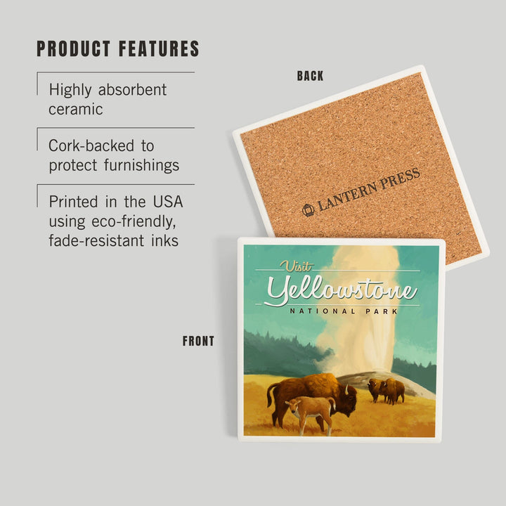 Yellowstone National Park, Oil Painting, Old Faithful and Bison, Coasters Coasters Lantern Press 