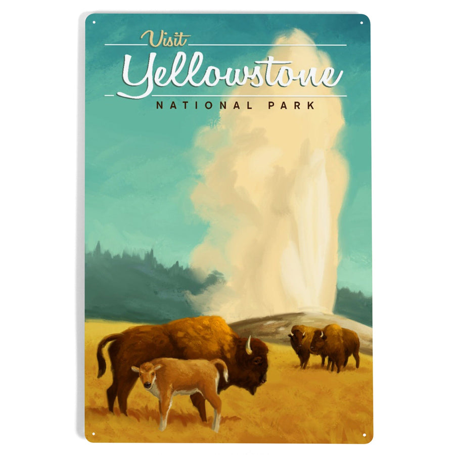 Yellowstone National Park, Oil Painting, Old Faithful and Bison, Metal Signs Metal Lantern Press 