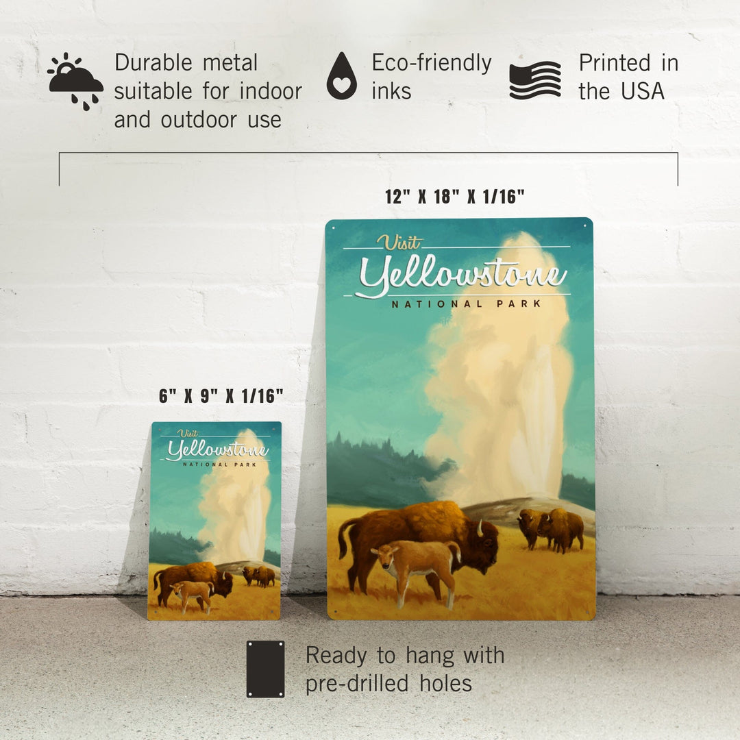 Yellowstone National Park, Oil Painting, Old Faithful and Bison, Metal Signs Metal Lantern Press 