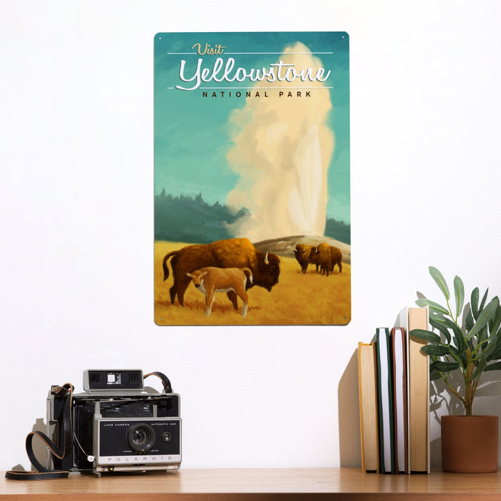 Yellowstone National Park, Oil Painting, Old Faithful and Bison, Metal Signs Metal Lantern Press 