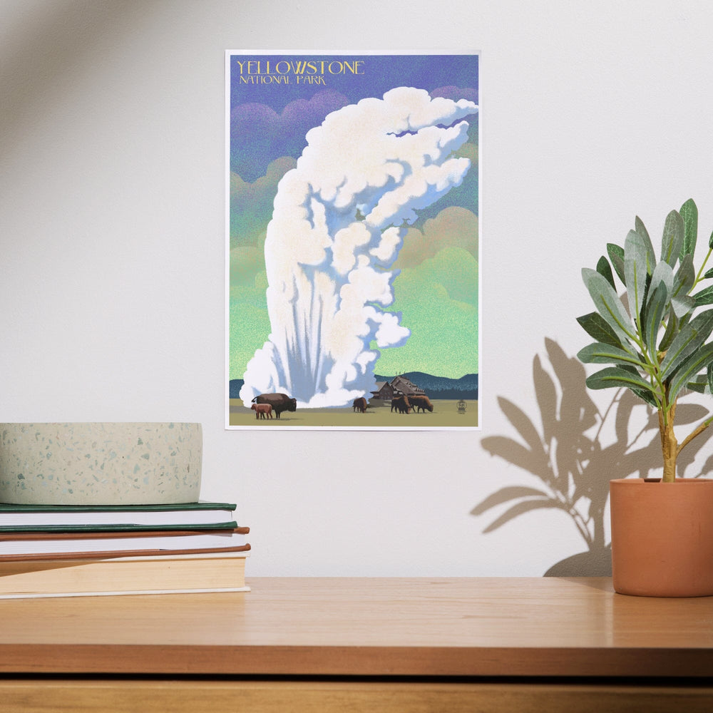 Yellowstone National Park, Old Faithful and Bison, Lithograph, Art & Giclee Prints Art Lantern Press 