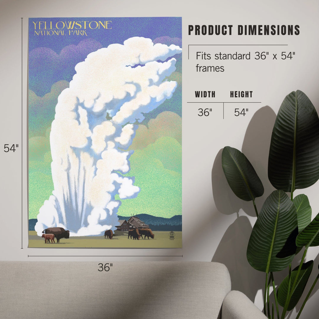 Yellowstone National Park, Old Faithful and Bison, Lithograph, Art & Giclee Prints Art Lantern Press 