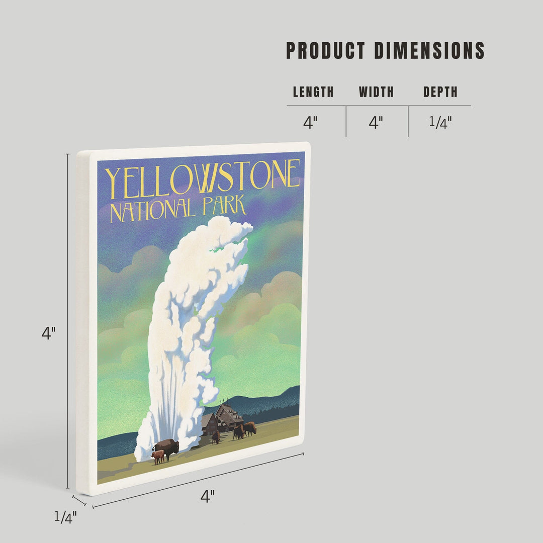 Yellowstone National Park, Old Faithful and Bison, Lithograph, Coasters Coasters Lantern Press 