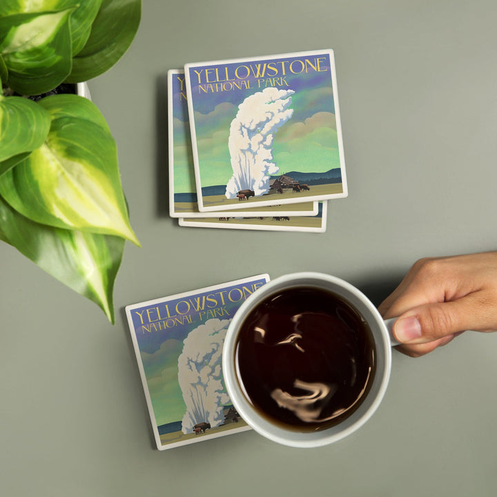 Yellowstone National Park, Old Faithful and Bison, Lithograph, Coasters Coasters Lantern Press 