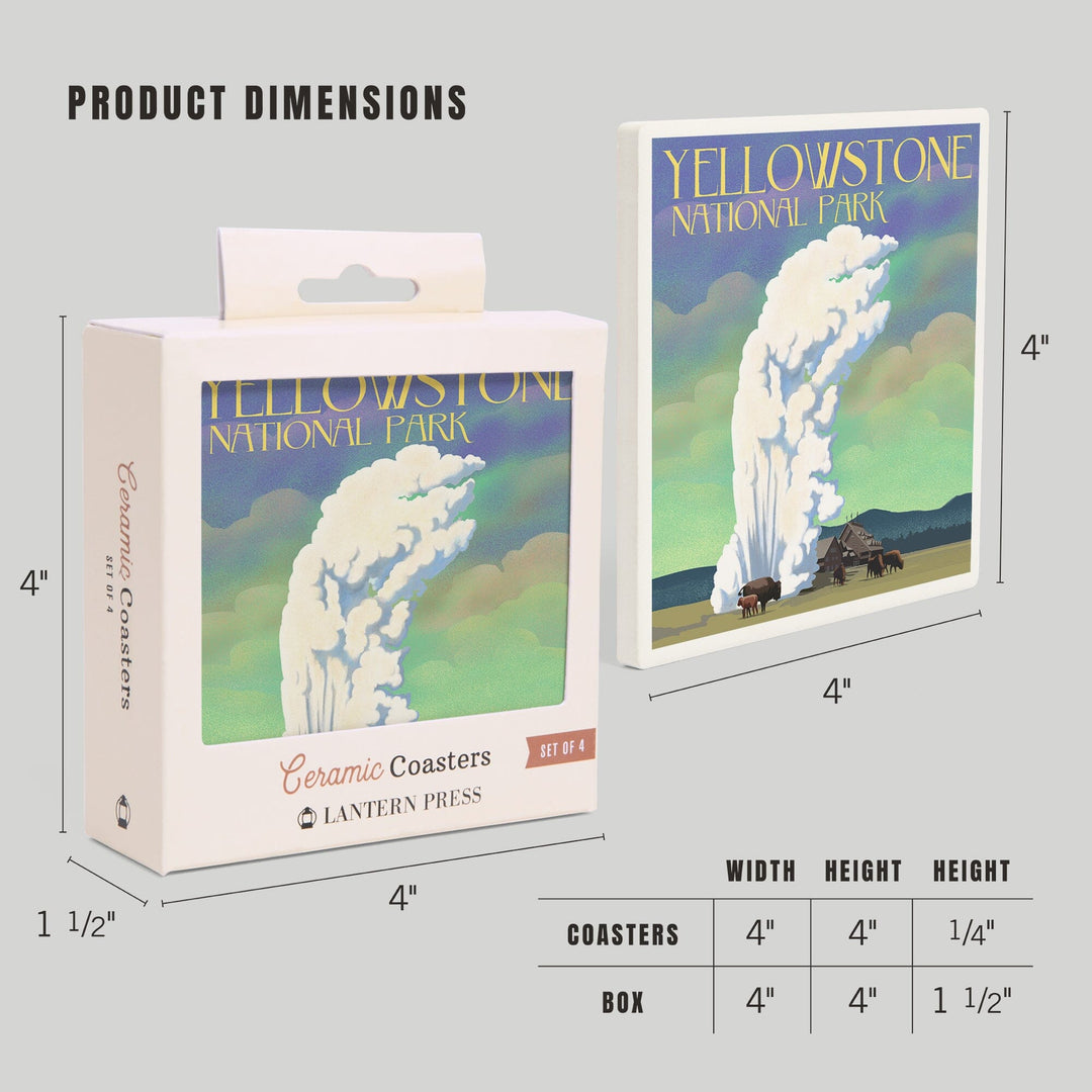 Yellowstone National Park, Old Faithful and Bison, Lithograph, Coasters Coasters Lantern Press 
