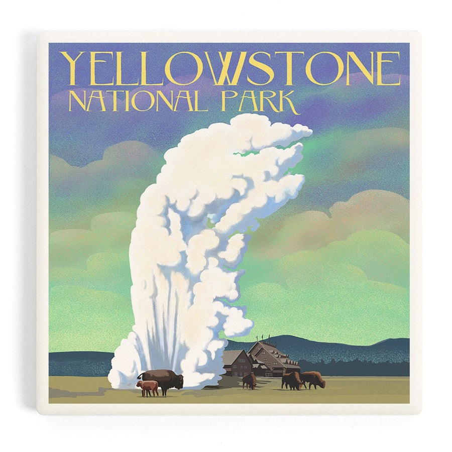 Yellowstone National Park, Old Faithful and Bison, Lithograph, Coasters Coasters Lantern Press 