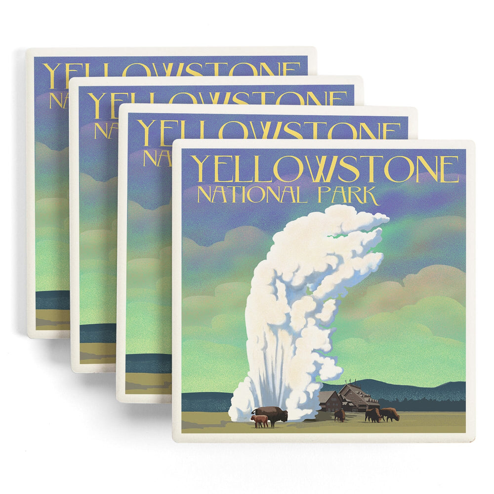 Yellowstone National Park, Old Faithful and Bison, Lithograph, Coasters Coasters Lantern Press 