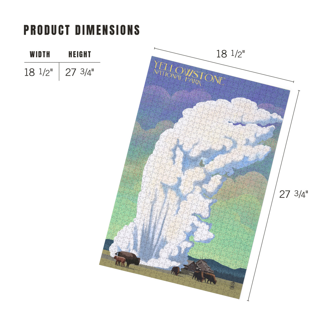 Yellowstone National Park, Old Faithful and Bison, Lithograph, Jigsaw Puzzle Puzzle Lantern Press 