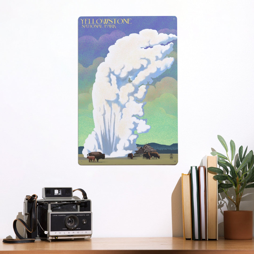 Yellowstone National Park, Old Faithful and Bison, Lithograph, Metal Signs Metal Lantern Press 