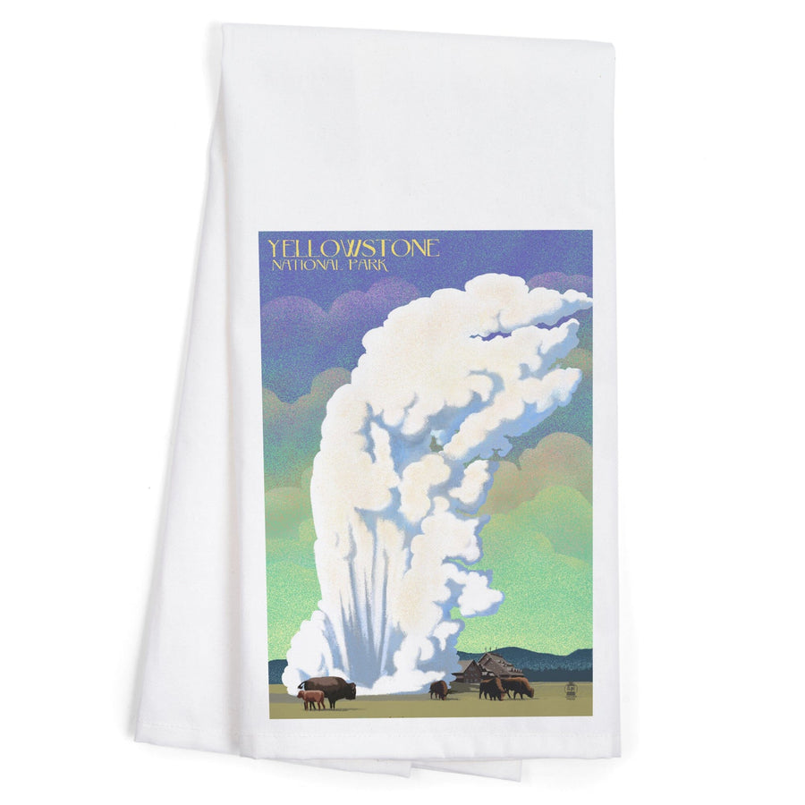 Yellowstone National Park, Old Faithful and Bison, Lithograph, Organic Cotton Kitchen Tea Towels Kitchen Lantern Press 