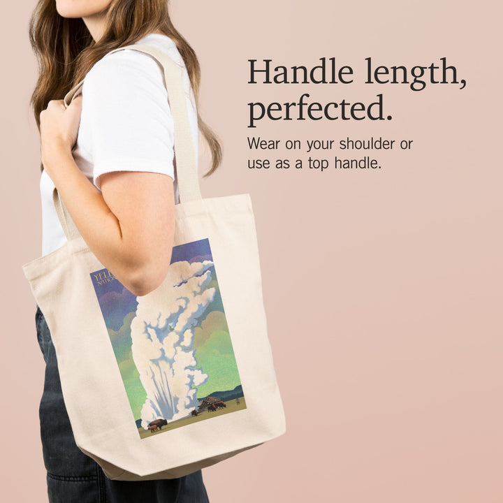 Yellowstone National Park, Old Faithful and Bison, Lithograph, Tote Bag Totes Lantern Press 