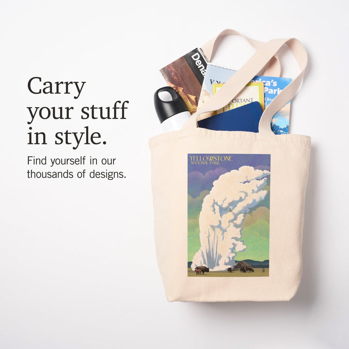 Yellowstone National Park, Old Faithful and Bison, Lithograph, Tote Bag Totes Lantern Press 