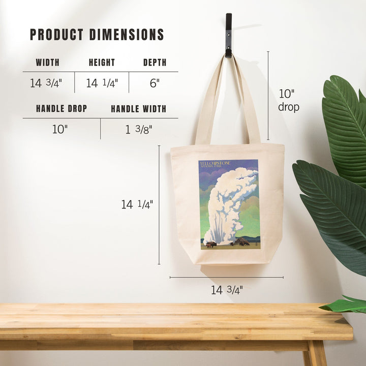 Yellowstone National Park, Old Faithful and Bison, Lithograph, Tote Bag Totes Lantern Press 