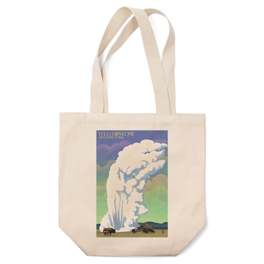 Yellowstone National Park, Old Faithful and Bison, Lithograph, Tote Bag Totes Lantern Press 