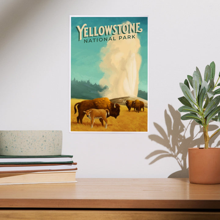 Yellowstone National Park, Old Faithful and Bison, Oil Painting, Art & Giclee Prints Art Lantern Press 