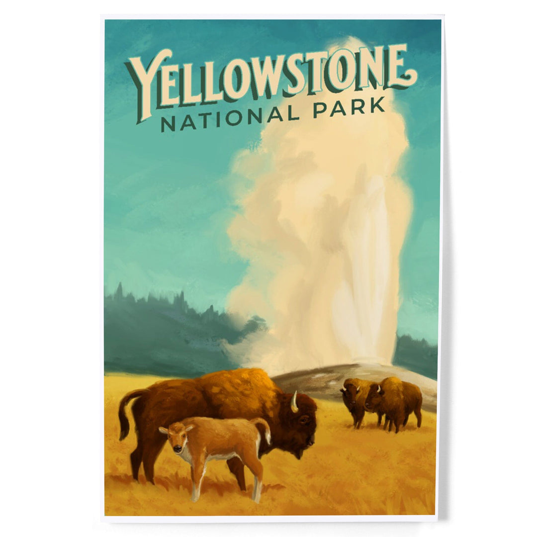 Yellowstone National Park, Old Faithful and Bison, Oil Painting, Art & Giclee Prints Art Lantern Press 
