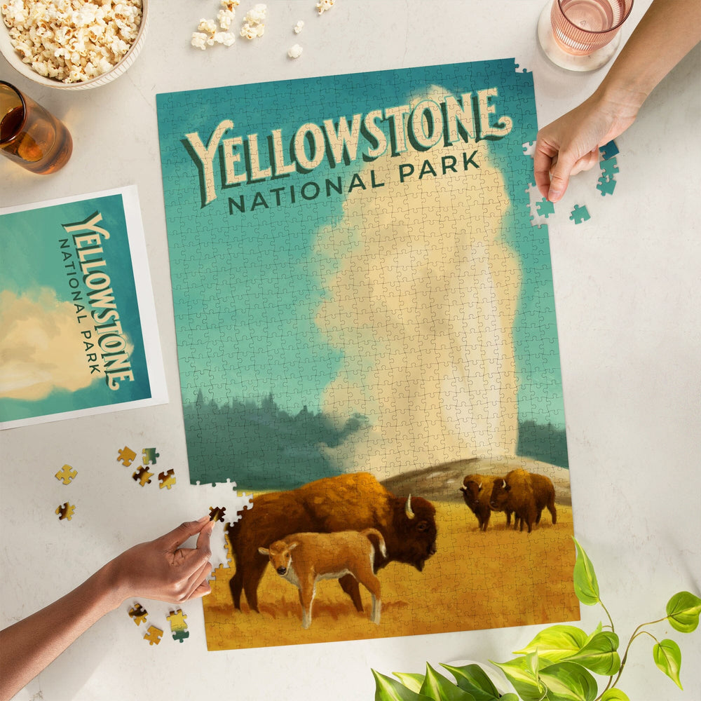 Yellowstone National Park, Old Faithful and Bison, Oil Painting, Jigsaw Puzzle Puzzle Lantern Press 